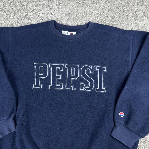 VTG Pepsi Sweatshirt Mens L Navy Blue Fleece Crewneck Spell Out Logo Pullover - Picture 3 of 10